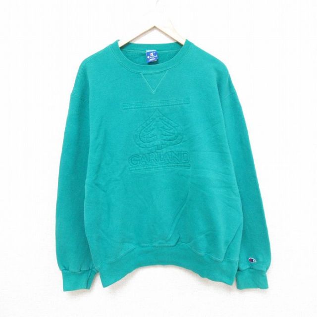 XL★古着 チャンピオン Champion 長袖 スウェット メンズ 90年代 90s GARLAND 刺繍 クルーネック USA製 緑 グリーン 25apr16 中古 スエット トレーナー トップス