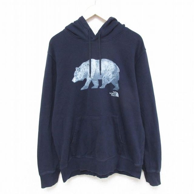 L★古着 ノースフェイス THE NORTH FACE 長袖 スウェット パーカー メンズ クマ 紺 ネイビー 25apr16 中古 スエット トレーナー トップス