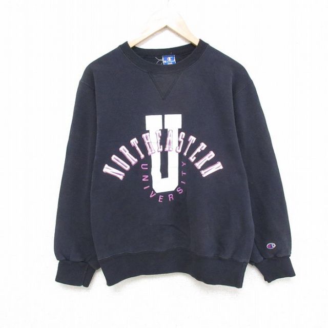 【20%OFF】M★古着 チャンピオン Champion 長袖 スウェット メンズ 90年代 90s ノースイースタン 大学 クルーネック USA製 黒 ブラック 25apr16 中古 スエット トレーナー トップス
