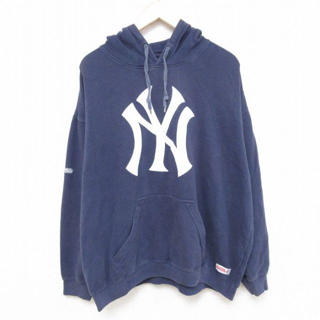 XL★古着 長袖 スウェット パーカー メンズ MLB ニューヨークヤンキース 刺繍 大きいサイズ 紺 ネイビー メジャーリーグ ベースボール 野球 25apr16 中古 スエット トレーナー トップス