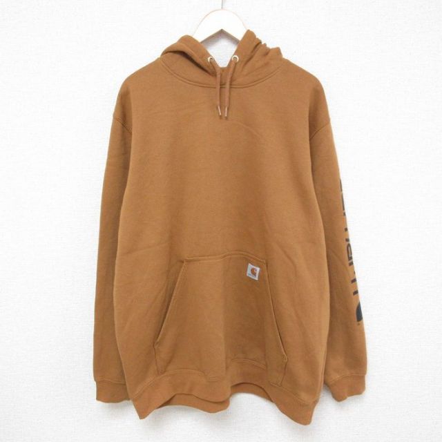 XL★古着 カーハート Carhartt 長袖 スウェット パーカー メンズ ワンポイントロゴ 大きいサイズ 茶 ブラウン 25apr16 中古 スエット トレーナー トップス