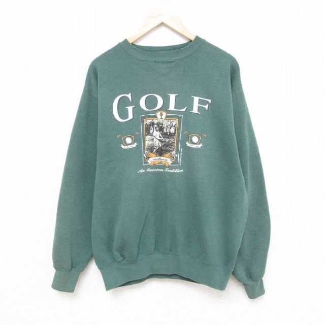 【50%OFF】XL★古着 長袖 スウェット メンズ 90年代 90s ゴルフ クルーネック 緑 グリーン 霜降り 25apr16 中古 スエット トレーナー トップス