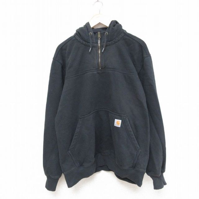 XL★古着 カーハート Carhartt 長袖 ハーフジップ スウェット パーカー メンズ 00年代 00s ワンポイントロゴ 黒 ブラック 25apr16 中古 スエット トレーナー トップス