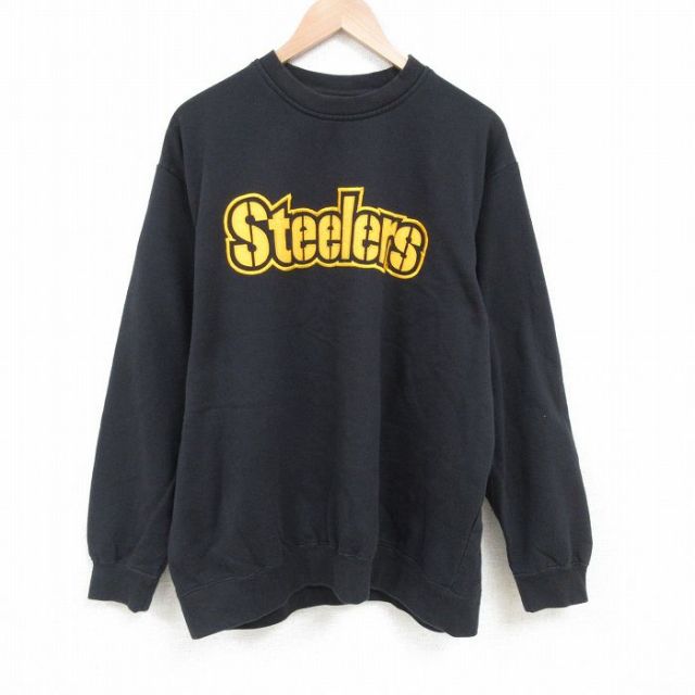 【20%OFF】XL★古着 長袖 スウェット メンズ 00年代 00s NFL ピッツバーグスティーラーズ 刺繍 大きいサイズ クルーネック 黒 ブラック アメフト スーパーボウル 25apr16 中古 スエット トレーナー トップス