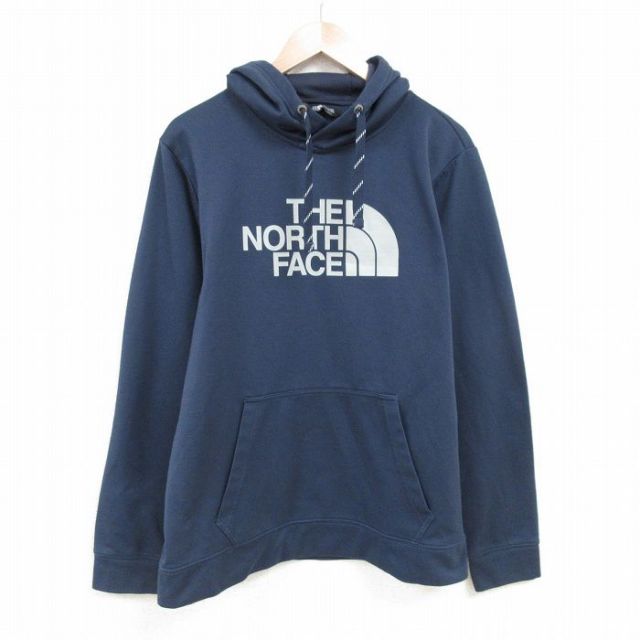 XL★古着 ノースフェイス THE NORTH FACE 長袖 スウェット パーカー メンズ ビッグロゴ ポリエステル 紺 ネイビー 25apr16 中古 スエット トレーナー トップス