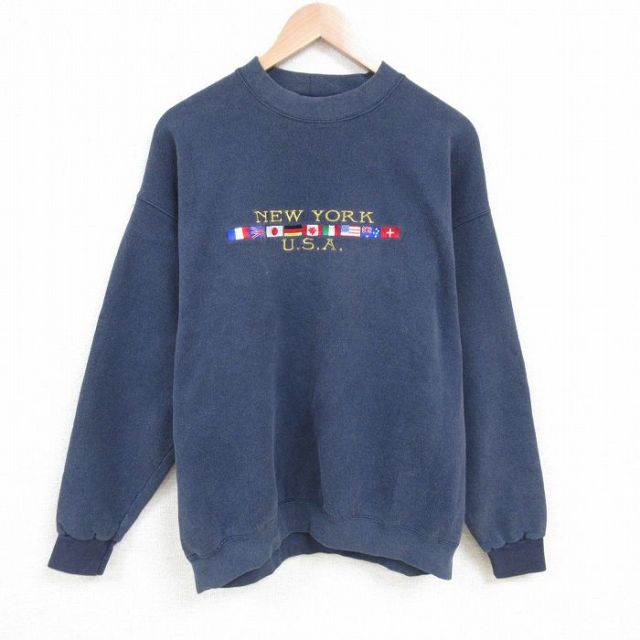 XL★古着 リー Lee 長袖 スウェット メンズ 90年代 90s ニューヨーク 刺繍 クルーネック USA製 紺 ネイビー 25apr16 中古 スエット トレーナー トップス