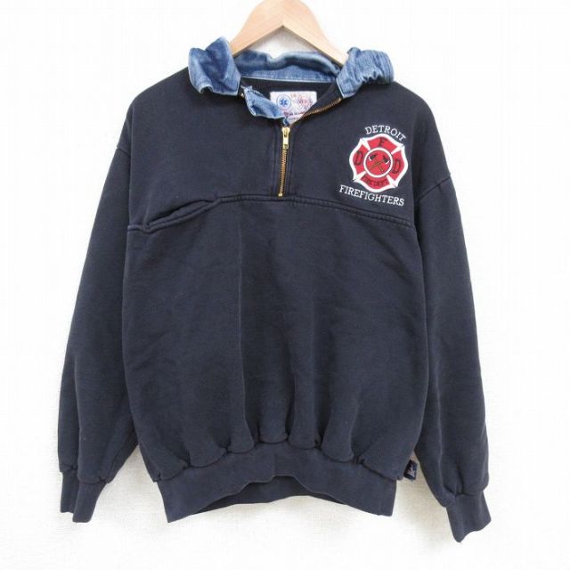 XL★古着 長袖 ハーフジップ スウェット メンズ 90年代 90s 消防署 大きいサイズ 襟付き USA製 濃紺 ネイビー 25apr16 中古 スエット トレーナー トップス
