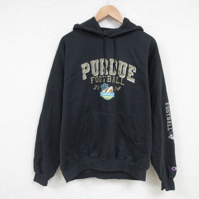 XL★古着 チャンピオン Champion 長袖 スウェット パーカー メンズ 00年代 00s PURDUE ラグビーボール 大きいサイズ 黒 ブラック 25apr17 中古 スエット トレーナー トップス