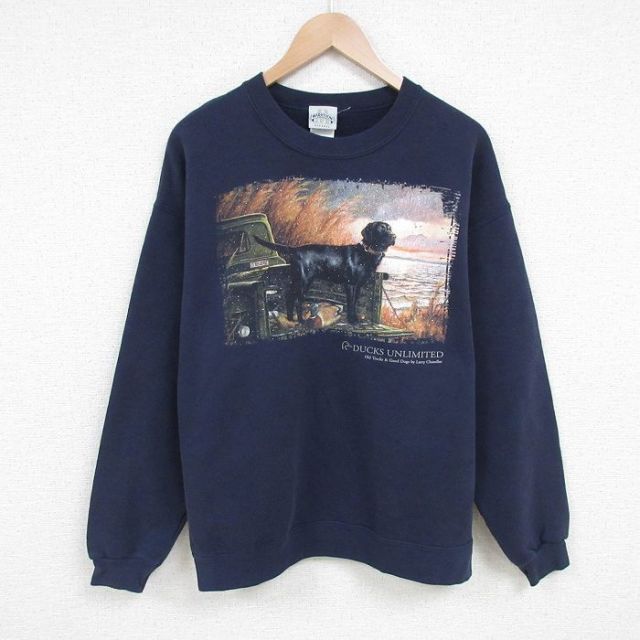 L★古着 長袖 スウェット メンズ 00年代 00s 犬 DUCKS UNLIMITED クルーネック 黒 ブラック 25apr17 中古 スエット トレーナー トップス