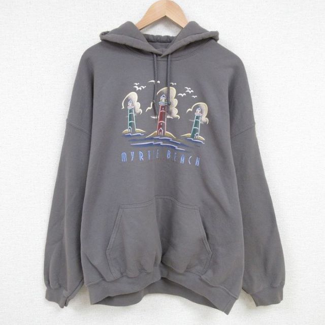 【50%OFF】XL★古着 長袖 スウェット パーカー メンズ 00年代 00s 灯台 刺繍 大きいサイズ グレー系 25apr17 中古 スエット トレーナー トップス