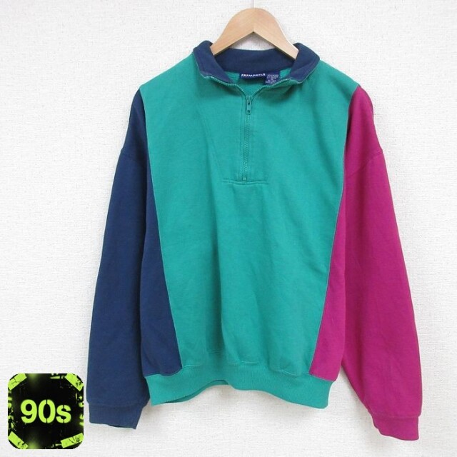 90s ハーフジップスウェット マルチカラー グリーン XL | 古着