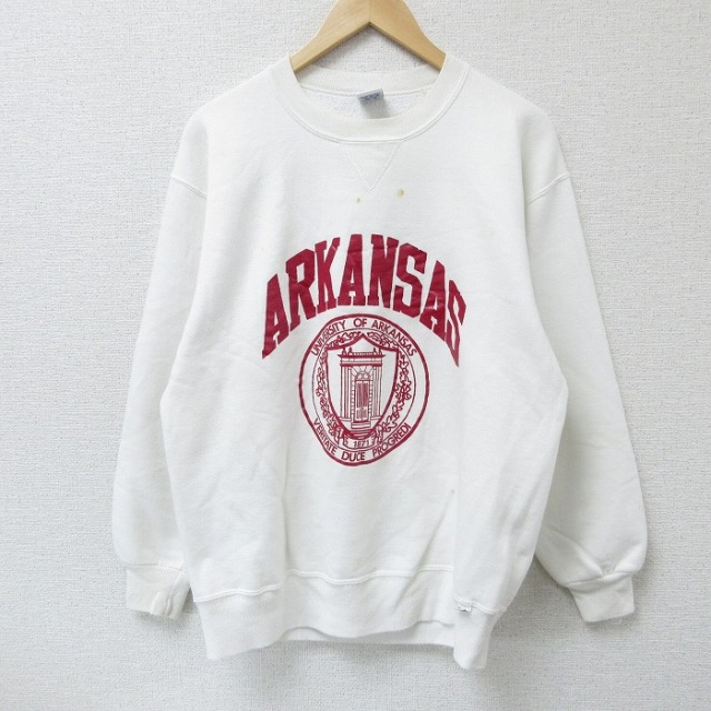L★古着 ラッセル 長袖 スウェット メンズ 90年代 90s アーカンソー大学 クルーネック USA製 白 ホワイト 25apr17 中古 スエット トレーナー トップス