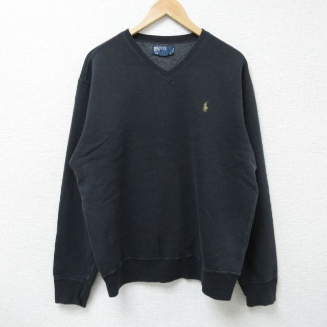 XL★古着 ラルフローレン Ralph Lauren 長袖 ブランド スウェット メンズ 90年代 90s ワンポイントロゴ Vネック 黒 ブラック 25apr18 中古 スエット トレーナー トップス
