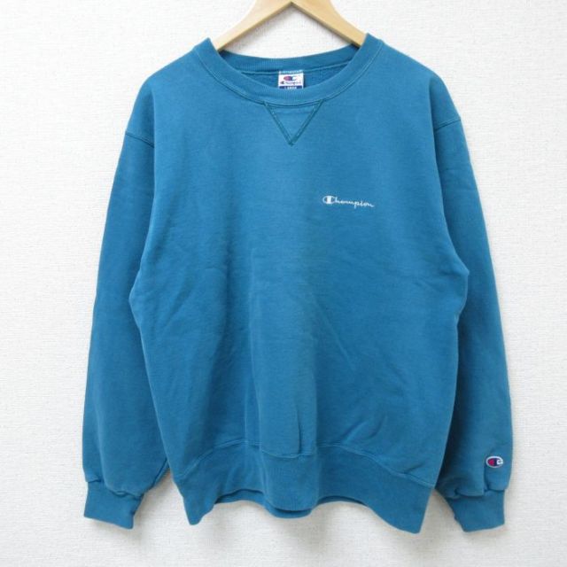 L★古着 チャンピオン Champion 長袖 スウェット メンズ 90年代 90s ワンポイントロゴ クルーネック 青緑 【spe】 25apr18 中古 スエット トレーナー トップス
