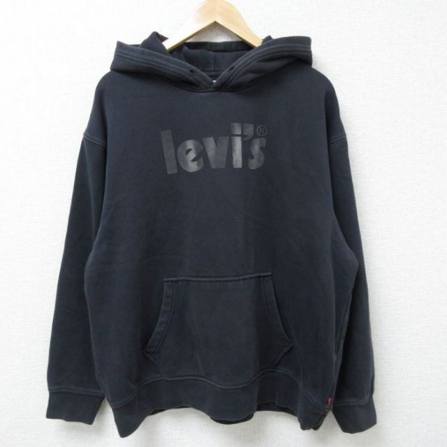 XL★古着 リーバイス Levis 長袖 スウェット パーカー メンズ ビッグロゴ フロッキープリント 大きいサイズ 黒 ブラック 25apr18 中古 スエット トレーナー トップス