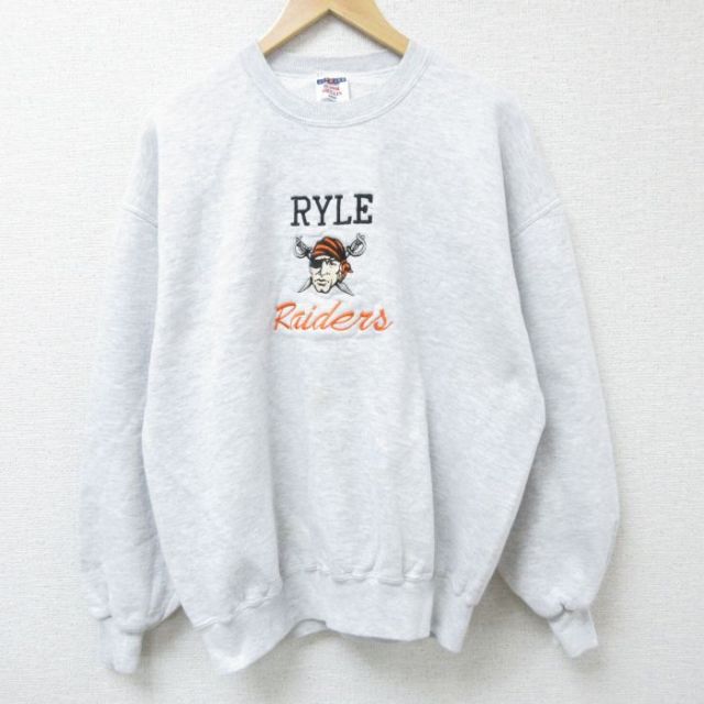 【20%OFF】XL★古着 ジャージーズ 長袖 スウェット メンズ 90年代 90s 海賊 刺繍 クルーネック USA製 薄グレー 霜降り 25apr18 中古 スエット トレーナー トップス