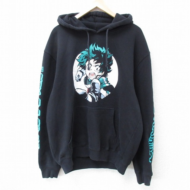 【50%OFF】XL★古着 長袖 スウェット パーカー メンズ アニメ 僕のヒーローアカデミア 緑谷出久 グリーン 大きいサイズ 黒 ブラック 25apr21 中古 スエット トレーナー トップス