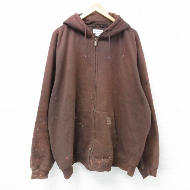 XL★古着 カーハート Carhartt 長袖 フルジップ スウェット パーカー メンズ ワンポイントロゴ 大きいサイズ 茶 ブラウン 25apr21 中古 スエット トレーナー トップス