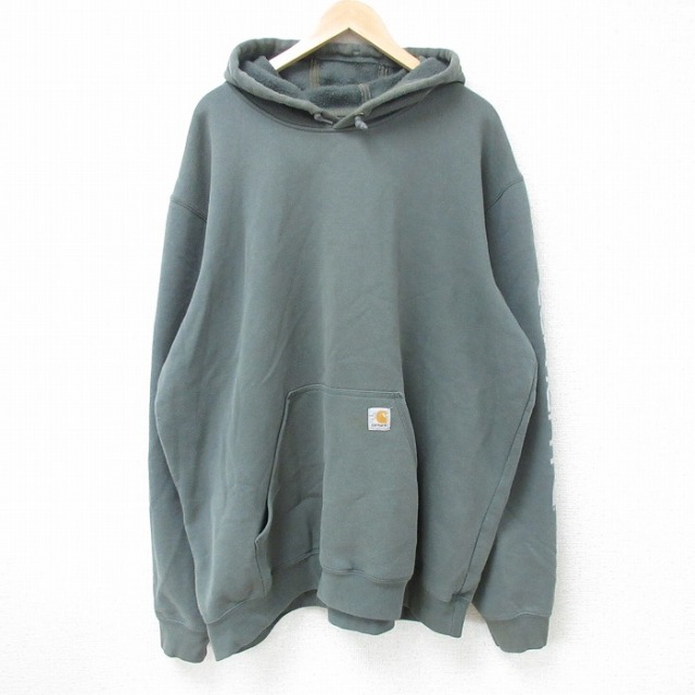 XL★古着 カーハート Carhartt 長袖 スウェット パーカー メンズ ビッグロゴ 大きいサイズ クルーネック 薄緑 グリーン 25apr21 中古 スエット トレーナー トップス