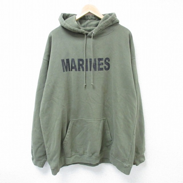 XL★古着 長袖 スウェット パーカー メンズ ミリタリー マリーンズ 大きいサイズ 緑 グリーン 25apr21 中古 スエット トレーナー トップス