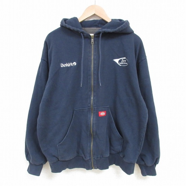 XL★古着 ディッキーズ Dickies 長袖 フルジップ スウェット パーカー メンズ Dunkirk Irr 紺 ネイビー 内側サーマル 25apr21 中古 スエット トレーナー トップス