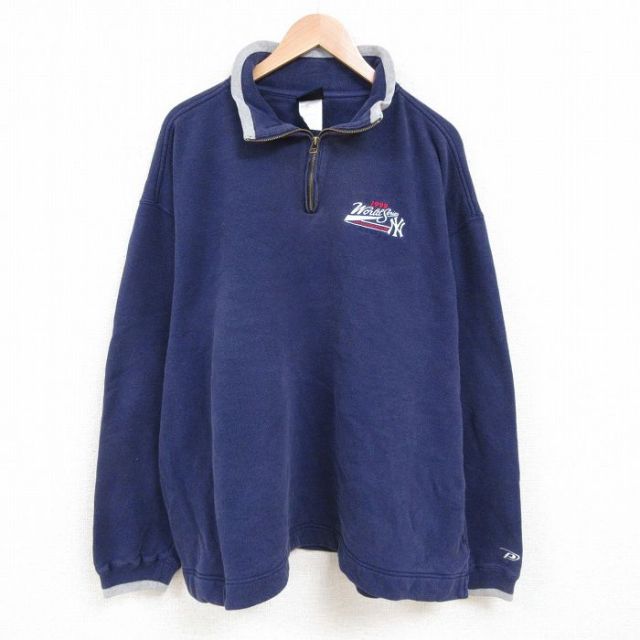 XL★古着 長袖 ハーフジップ スウェット メンズ 90年代 90s MLB ニューヨークヤンキース 大きいサイズ 紺 ネイビー メジャーリーグ ベースボール 野球 25apr28 中古 スエット トレーナー トップス