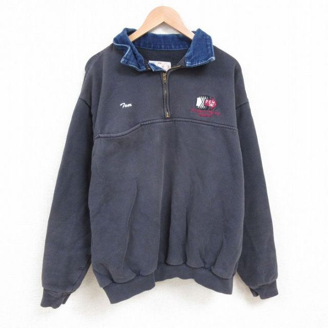 XL★古着 長袖 ハーフジップ スウェット メンズ 90年代 90s 矢印 襟デニム 大きいサイズ 襟付き USA製 紺 ネイビー 【spe】 25apr28 中古 スエット トレーナー トップス