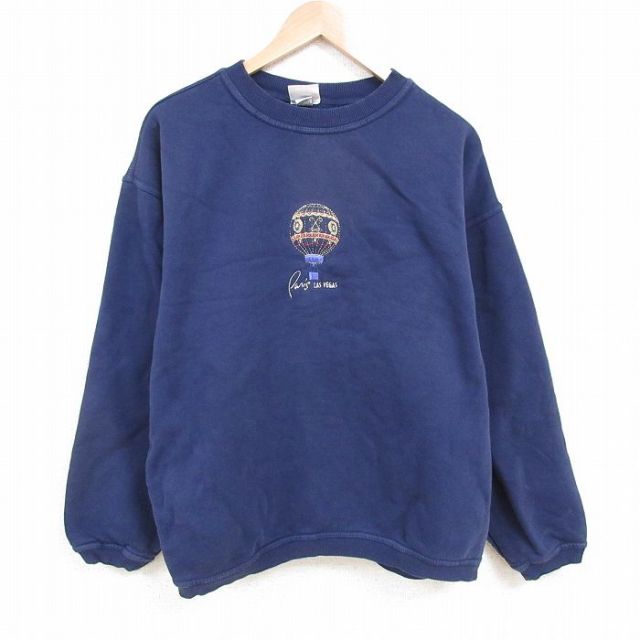 XL★古着 長袖 スウェット メンズ 00年代 00s 気球 刺繍 大きいサイズ コットン クルーネック 紺 ネイビー 25apr28 中古 スエット トレーナー トップス