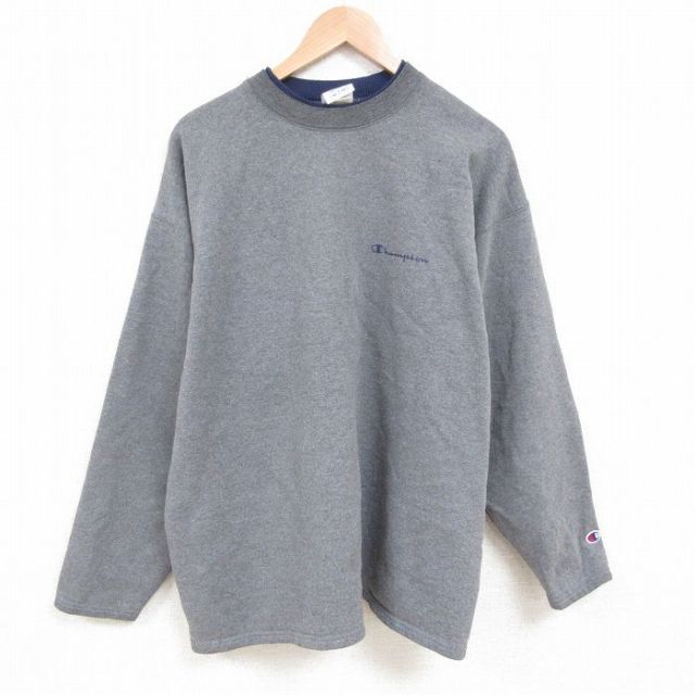 XL★古着 チャンピオン 長袖 スウェット メンズ ワンポイントロゴ 大きいサイズ クルーネック グレー 霜降り 25apr28 中古 スエット トレーナー トップス