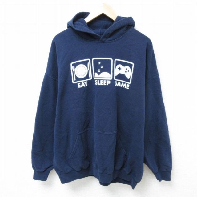 XL★古着 長袖 スウェット パーカー メンズ ゲーム スリープ 皿 大きいサイズ 紺 ネイビー 25may01 中古 スエット トレーナー トップス