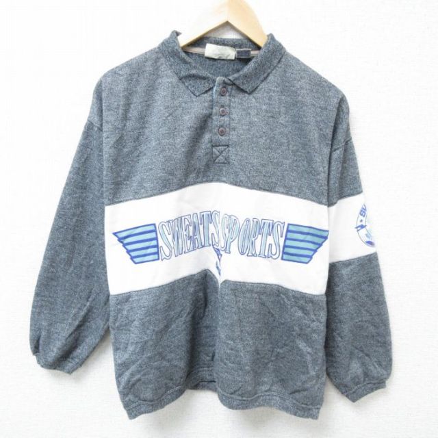【50%OFF】L★古着 長袖 スウェット メンズ 90年代 90s ウイングフット スポーツ ツートンカラー 襟付き 濃グレー 霜降り 25may01 中古 スエット トレーナー トップス