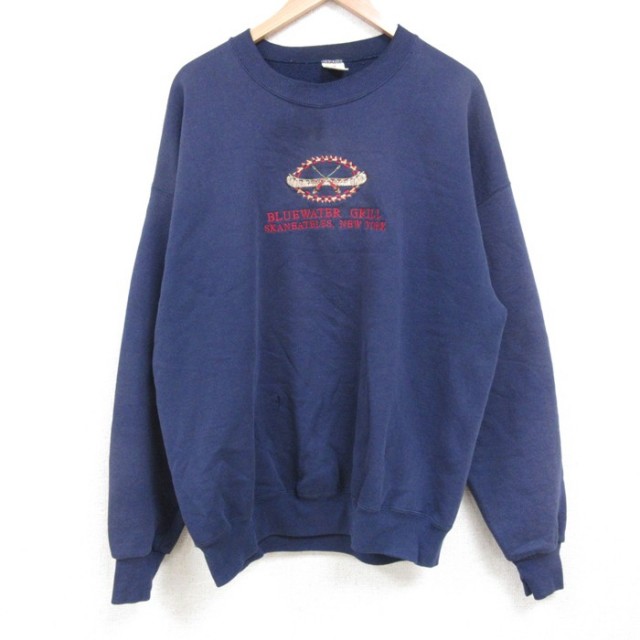 【50%OFF】XL★古着 ジャージーズ 長袖 スウェット メンズ 90年代 90s BLUEWATER GRILL 刺繍 大きいサイズ クルーネック USA製 紺 ネイビー 25may02 中古 スエット トレーナー トップス