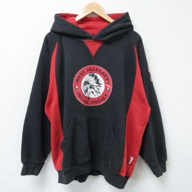 【50%OFF】XL★古着 長袖 スウェット パーカー メンズ ウエストアラゲイニー インラインホッケー ラグラン 大きいサイズ 黒他 ブラック 25may07 中古 スエット トレーナー トップス
