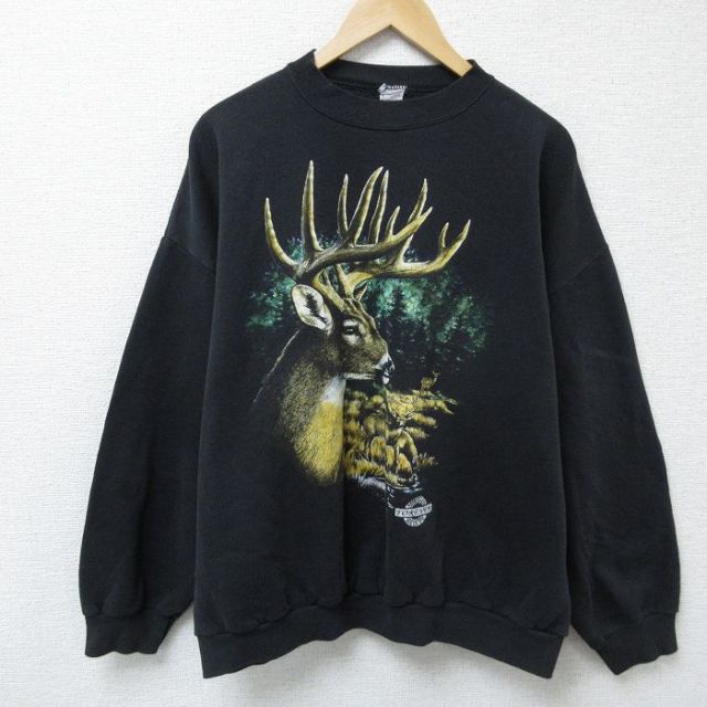 【50%OFF】XL★古着 長袖 スウェット メンズ 90年代 90s シカ 大きいサイズ クルーネック USA製 黒 ブラック 25may08 中古 スエット トレーナー トップス
