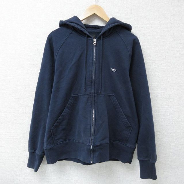 L★古着 アディダス addidas 長袖 フルジップ スウェット パーカー メンズ ワンポイントロゴ ラグラン 紺 ネイビー 25may08 中古 スエット トレーナー トップス