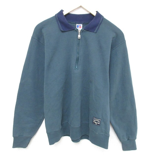 【50%OFF】M★古着 ラッセル 長袖 ハーフジップ スウェット メンズ 90年代 90s 無地 襟付き USA製 濃緑 グリーン 【spe】 25may12 中古 スエット トレーナー トップス
