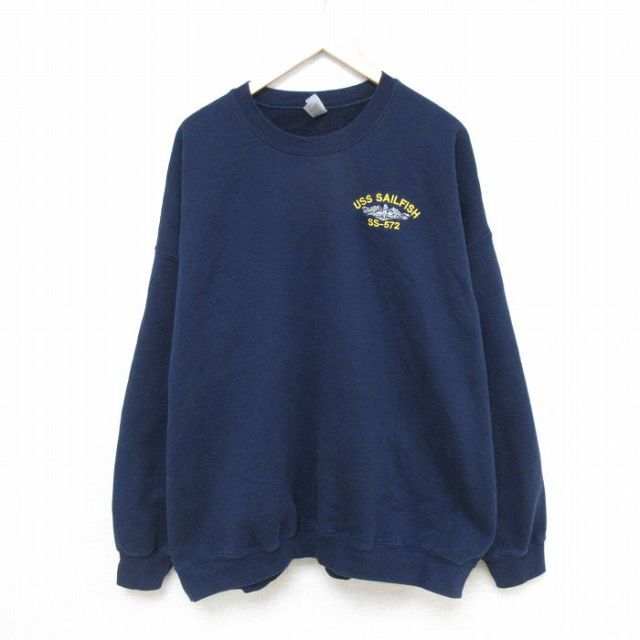 XL★古着 長袖 スウェット メンズ ミリタリー セイルフィッシュ 大きいサイズ クルーネック 紺 ネイビー 25may09 中古 スエット トレーナー トップス