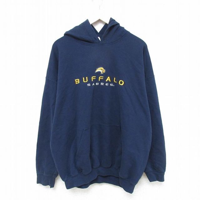 XL★古着 長袖 スウェット パーカー メンズ 00年代 00s NHL バッファローセイバーズ 大きいサイズ 紺 ネイビー アイスホッケー 25may09 中古 スエット トレーナー トップス