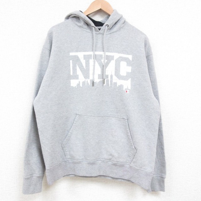 L★古着 チャンピオン champion 長袖 スウェット パーカー メンズ NYC 薄グレー 霜降り 25may10 中古 スエット トレーナー トップス