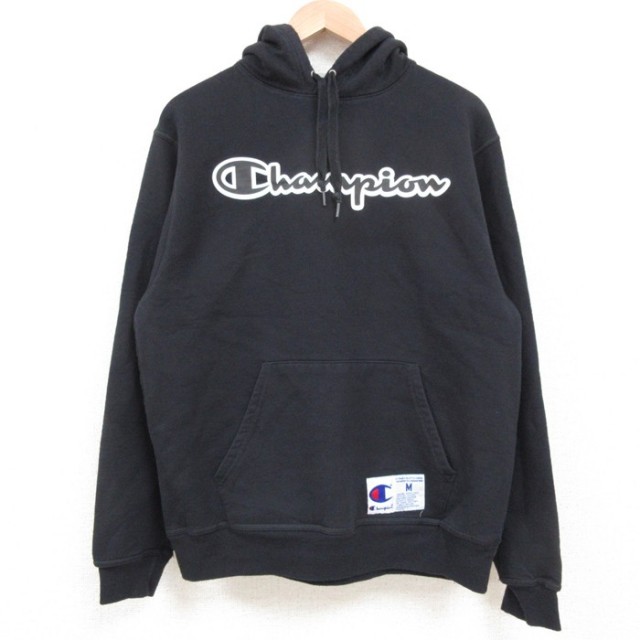 M★古着 チャンピオン champion 長袖 スウェット パーカー メンズ ビッグロゴ 黒 ブラック 25may10 中古 スエット トレーナー トップス