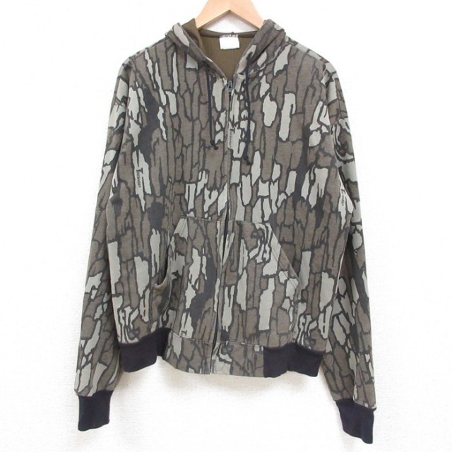L★古着 長袖 フルジップ スウェット パーカー メンズ 90年代 90s TREBARK USA製 濃緑 グリーン 迷彩 内側サーマル 25may10 中古 スエット トレーナー トップス