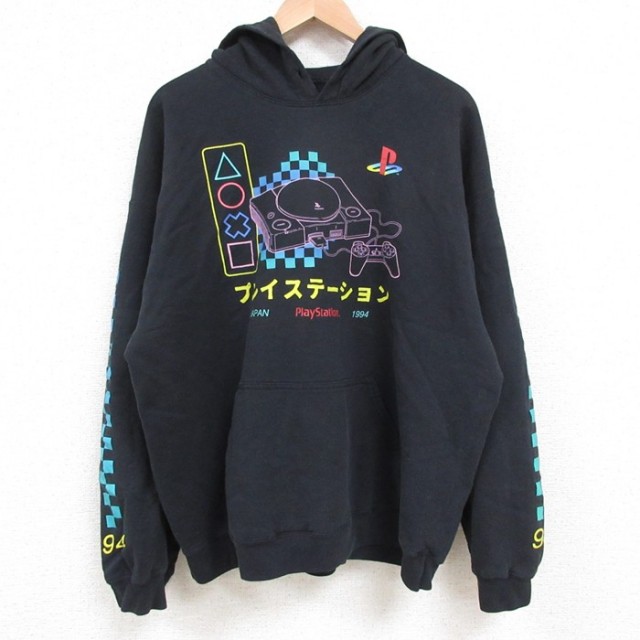 XL★古着 長袖 スウェット パーカー メンズ プレイステーション 黒 ブラック 25may10 中古 スエット トレーナー トップス
