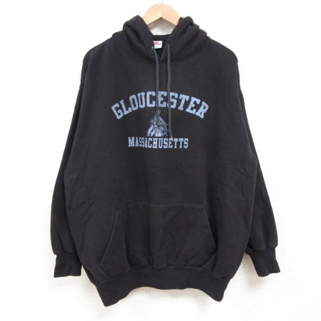 XL★古着 長袖 スウェット パーカー メンズ マサチューセッツ 大きいサイズ 黒 ブラック 25may13 中古 スエット トレーナー トップス