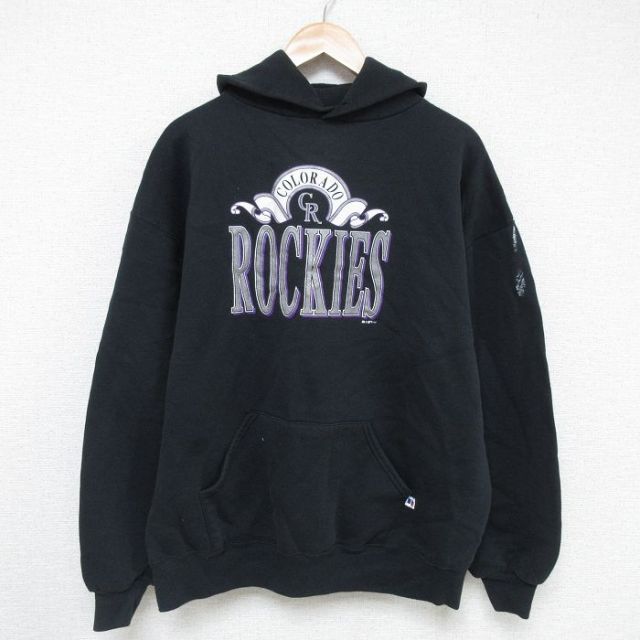 XL★古着 ラッセル 長袖 スウェット パーカー メンズ 90年代 90s MLB コロラドロッキーズ 大きいサイズ USA製 黒 ブラック メジャーリーグ ベースボール 野球 【spe】 25may21 中古 スエット トレーナー トップス