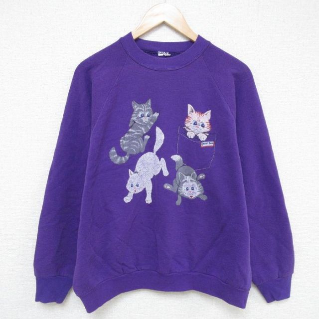 L★古着 長袖 スウェット メンズ 90年代 90s ネコ クルーネック 紫 パープル 25may21 中古 スエット トレーナー トップス