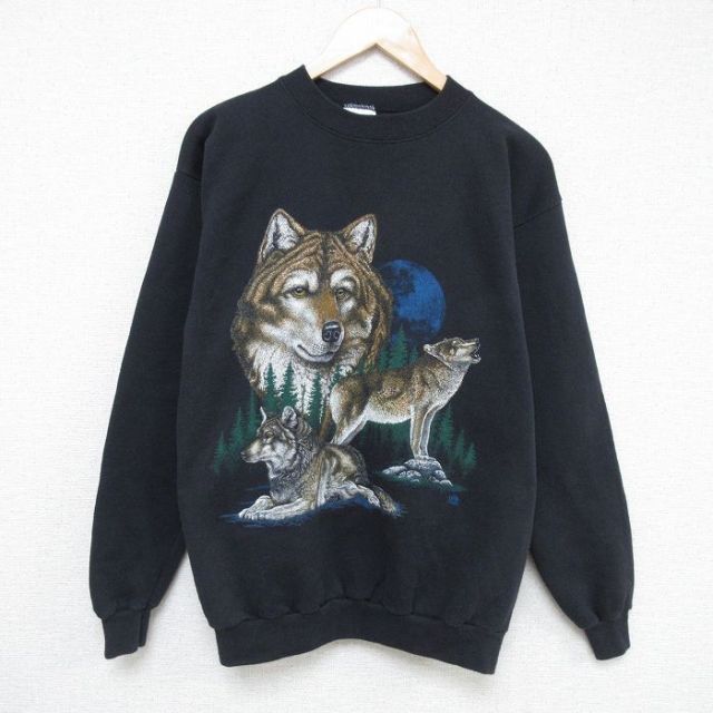 【50%OFF】M★古着 TULTEX 長袖 スウェット メンズ 90年代 90s オオカミ クルーネック USA製 黒 ブラック 25may21 中古 スエット トレーナー トップス