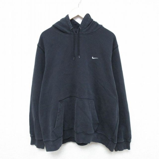 XL★古着 ナイキ NIKE 長袖 スウェット パーカー メンズ ワンポイントロゴ 大きいサイズ 黒 ブラック 25may20 中古 スエット トレーナー トップス