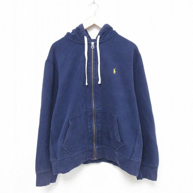 XL★古着 ラルフローレン Ralph Lauren 長袖 ブランド フルジップ スウェット パーカー メンズ 90年代 90s ワンポイントロゴ 大きいサイズ 紺 ネイビー フード内側サーマル 25may20 中古 スエット トレーナー トップス