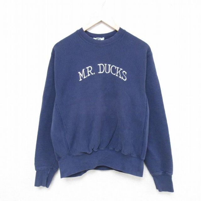 【50%OFF】L★古着 リー Lee 長袖 スウェット メンズ 90年代 90s M.R.DUCKS 刺繍 クルーネック USA製 紺 ネイビー 25may20 中古 スエット トレーナー トップス