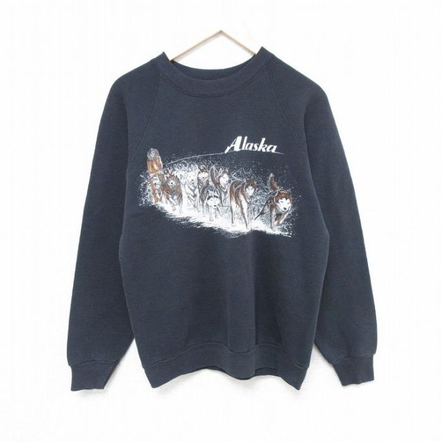 M★古着 長袖 スウェット メンズ 80年代 80s アラスカ ラグラン クルーネック USA製 黒 ブラック 25may20 中古 スエット トレーナー トップス